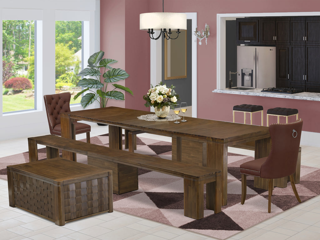 Luxe by East West Furniture X02DA-2C8-26 -6 Pieces Extendable Dining Set Includes a Rectangle Kitchen Table, 1 Coffee Table, 2 Dining Chairs and 2 Modern Benches, Antique Walnut