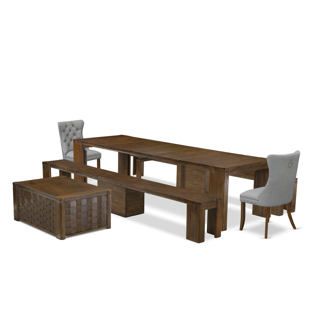 Luxe by East West Furniture X02DA-2C8-27 -6 Pieces Extendable Dining Set Includes a Rectangle Kitchen Table, 1 Coffee Table, 2 Dining Chairs and 2 Modern Benches, Antique Walnut