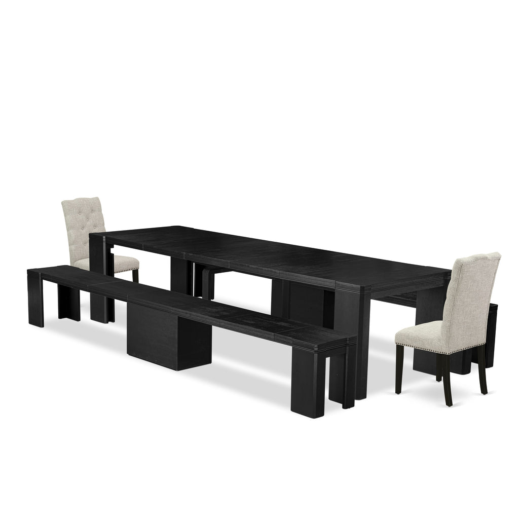 Luxe East West Furniture X02EL-206-35 5-piece Modern Dining Room Table Set a Rectangular Kitchen Table and 2 wooden Benches and 2 Doeskin Linen Fabric Dining Chair, Wire Brushed Black Finish.