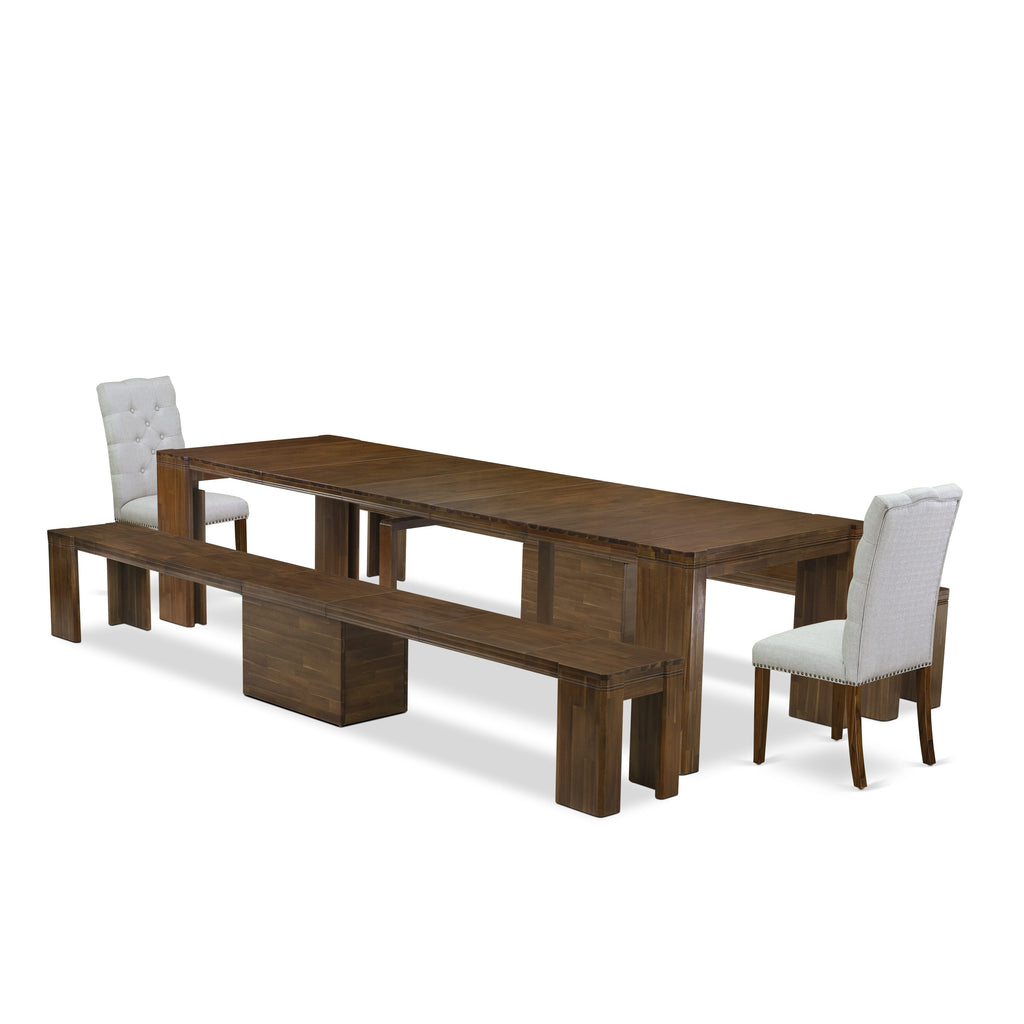 Luxe by East West Furniture X02EL-208-05 -5 Pieces Extendable Dining Set Includes a Rectangle Kitchen Table, 2 Dining Chairs and 2 Modern Benches, Antique Walnut