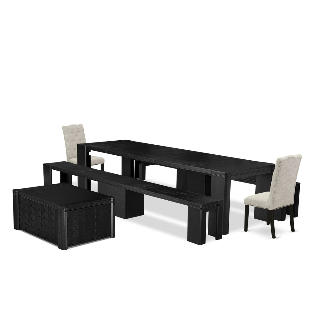 Luxe East West Furniture X02EL-2C6-35 6-piece Dining Room Table Set a Rectangular Dining Table with a coffee Table and 2 wooden Benches and 2 Doeskin Linen Fabric kitchen Chair, Wire Brushed Black Finish.