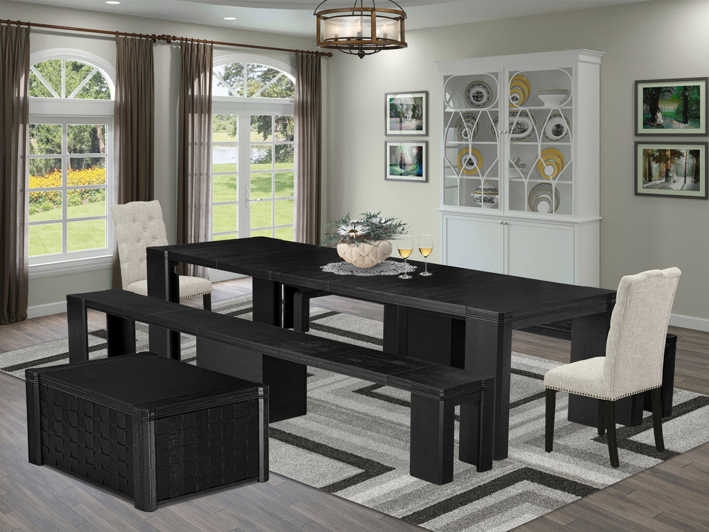 Luxe East West Furniture X02EL-2C6-35 6-piece Dining Room Table Set a Rectangular Dining Table with a coffee Table and 2 wooden Benches and 2 Doeskin Linen Fabric kitchen Chair, Wire Brushed Black Finish.