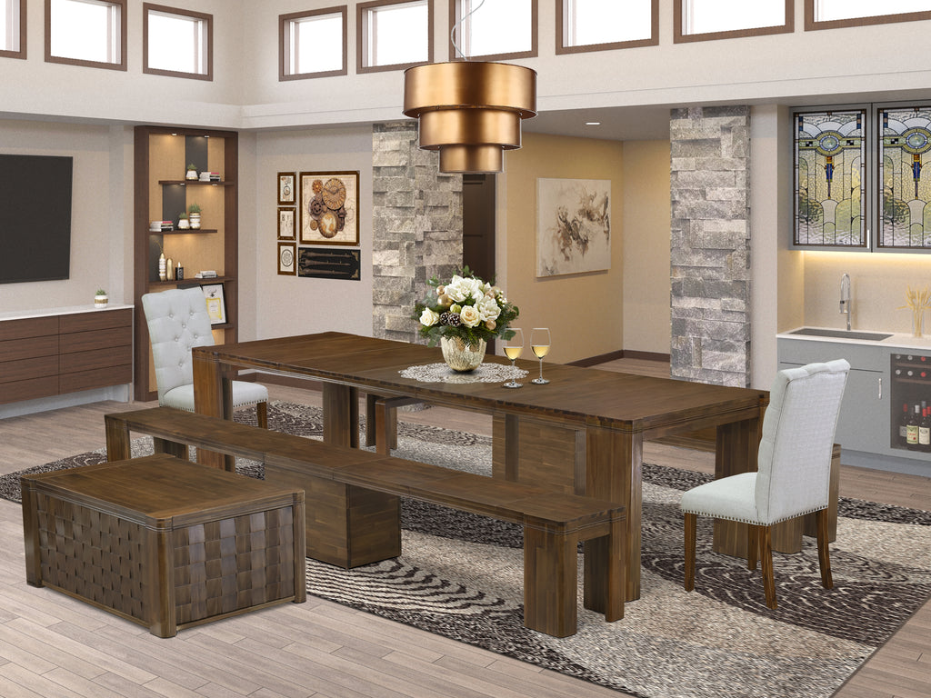 Luxe by East West Furniture X02EL-2C8-05 -6 Pieces Extendable Dining Set Includes a Rectangle Kitchen Table, 1 Coffee Table, 2 Dining Chairs and 2 Modern Benches, Antique Walnut