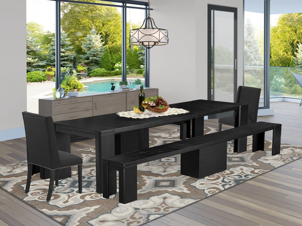 Luxe East West Furniture X02FL-206-24 5-piece Dining Room Table Set a Rectangular Dining Table and 2 wooden benches 12 Black Linen Fabric kitchen Chair, Wire Brushed Black Finish.