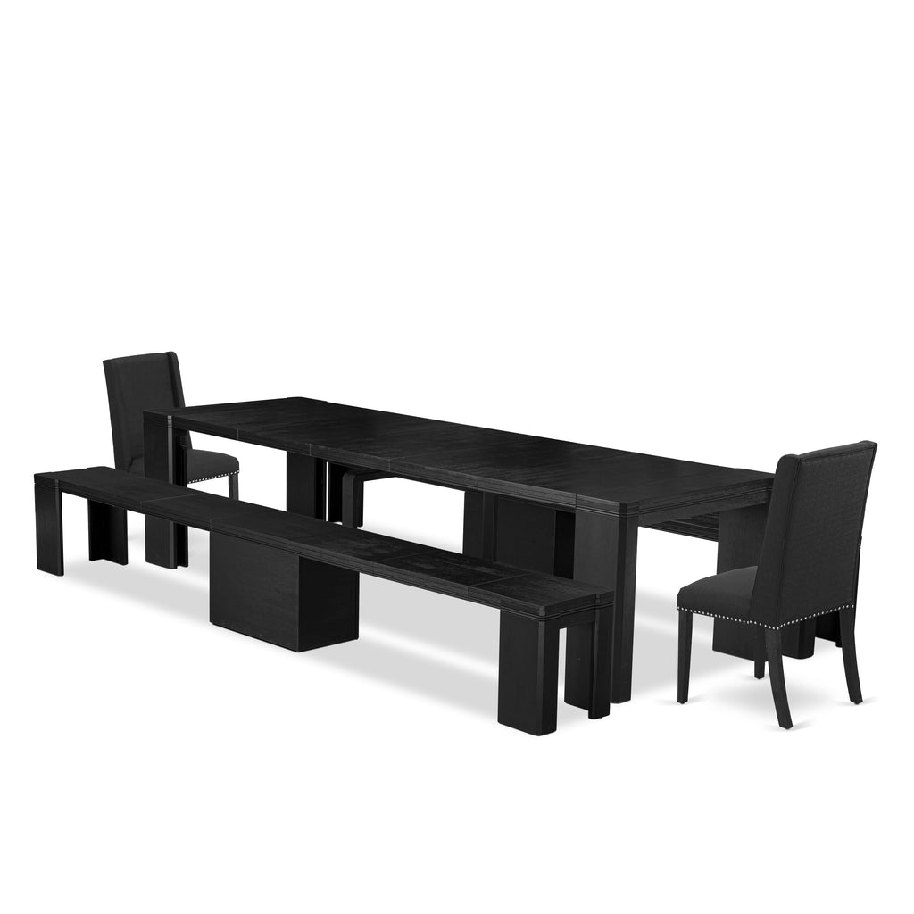 Luxe East West Furniture X02FL-206-24 5-piece Dining Room Table Set a Rectangular Dining Table and 2 wooden benches 12 Black Linen Fabric kitchen Chair, Wire Brushed Black Finish.