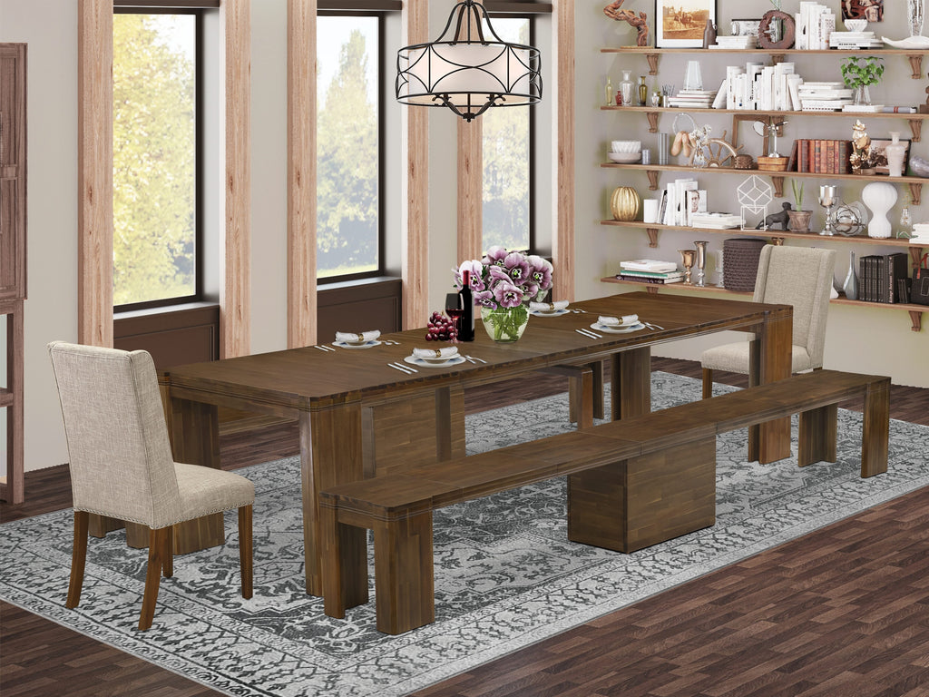 Luxe by East West Furniture X02FL-208-04 -5 Pieces Extendable Dining Set Includes a Rectangle Kitchen Table, 2 Dining Chairs and 2 Modern Benches, Antique Walnut