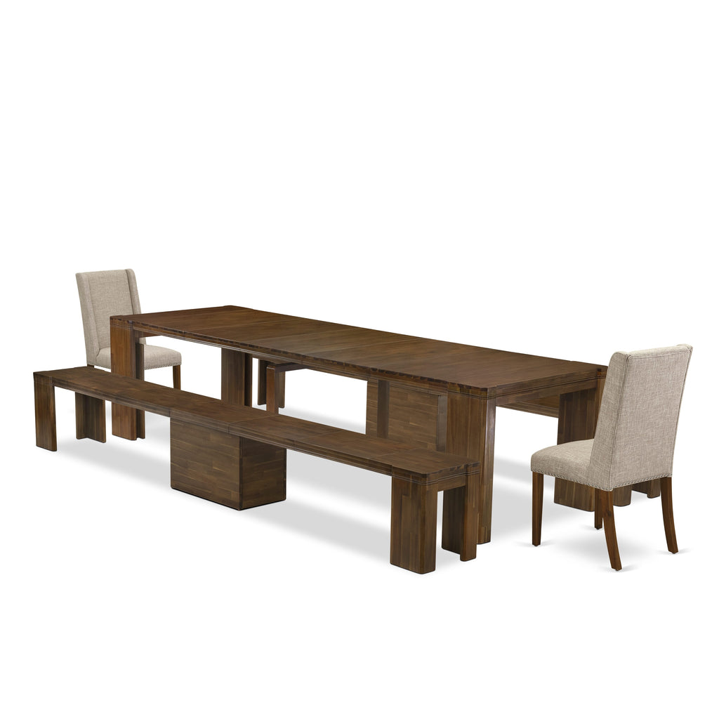 Luxe by East West Furniture X02FL-208-04 -5 Pieces Extendable Dining Set Includes a Rectangle Kitchen Table, 2 Dining Chairs and 2 Modern Benches, Antique Walnut