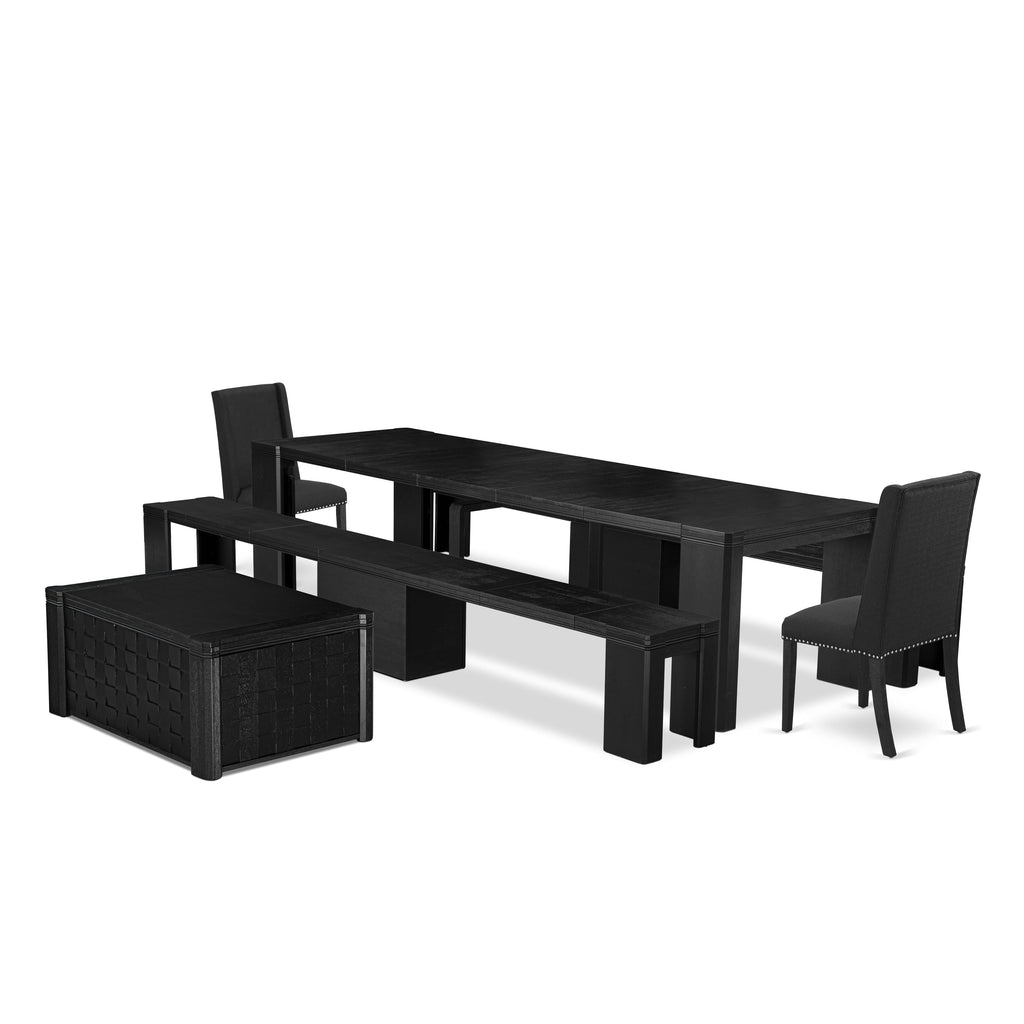 Luxe East West Furniture X02FL-2C6-24 6-piece Dining Room Table Set a Rectangular Dining Table with a coffee Table and 2 wooden Benches and 2 Black Linen Fabric kitchen Chair, Wire Brushed Black Finish.