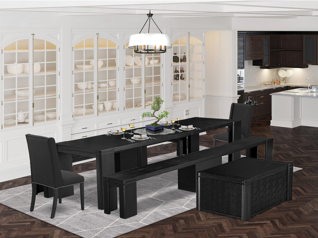 Luxe East West Furniture X02FL-2C6-24 6-piece Dining Room Table Set a Rectangular Dining Table with a coffee Table and 2 wooden Benches and 2 Black Linen Fabric kitchen Chair, Wire Brushed Black Finish.