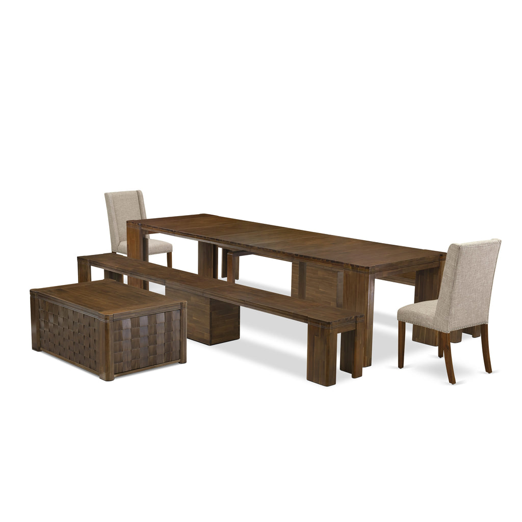 Luxe by East West Furniture X02FL-2C8-04 -6 Pieces Extendable Dining Set Includes a Rectangle Kitchen Table, 1 Coffee Table, 2 Dining Chairs and 2 Modern Benches, Antique Walnut