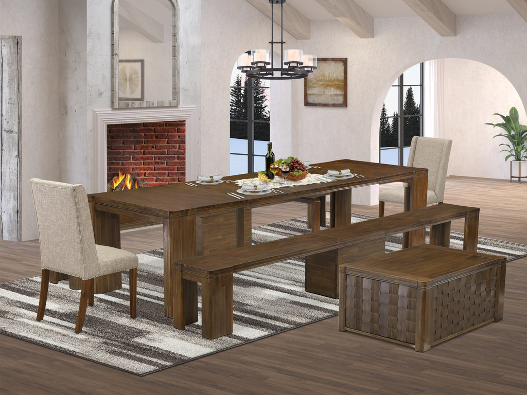 Luxe by East West Furniture X02FL-2C8-04 -6 Pieces Extendable Dining Set Includes a Rectangle Kitchen Table, 1 Coffee Table, 2 Dining Chairs and 2 Modern Benches, Antique Walnut