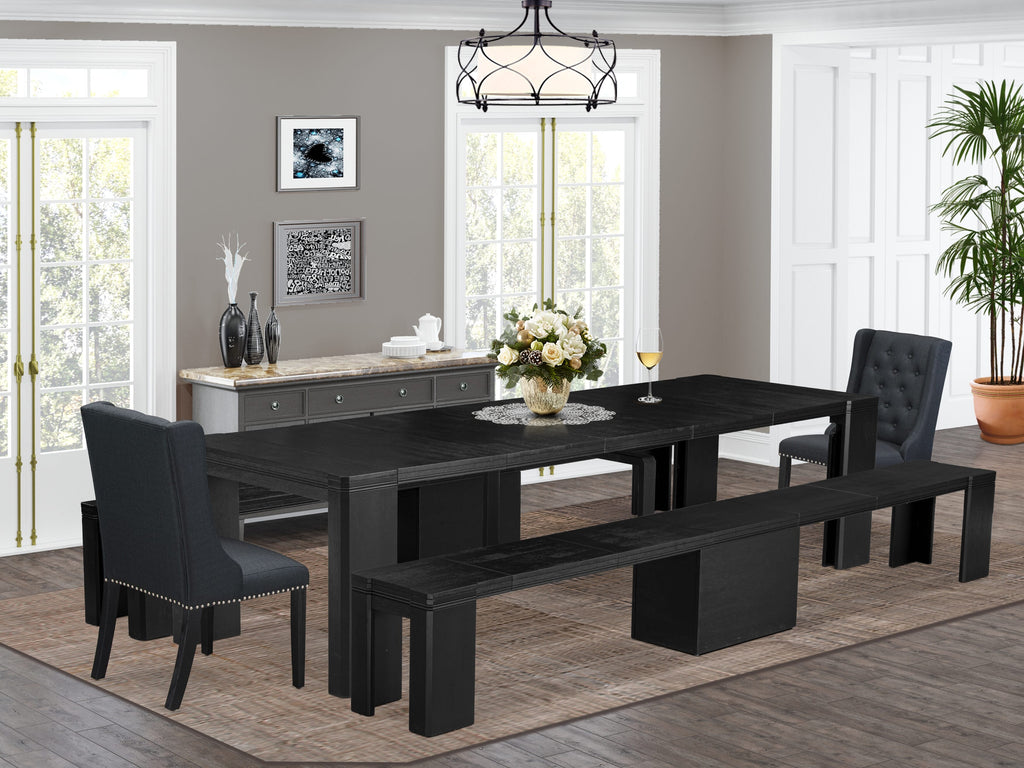 Luxe East West Furniture X02FO-206-24 5-piece Modern Dining Room Table Set a Rectangular Dining Table and 2 wooden Benches and 2 Black Linen Fabric kitchen Chair, Wire Brushed Black Finish.