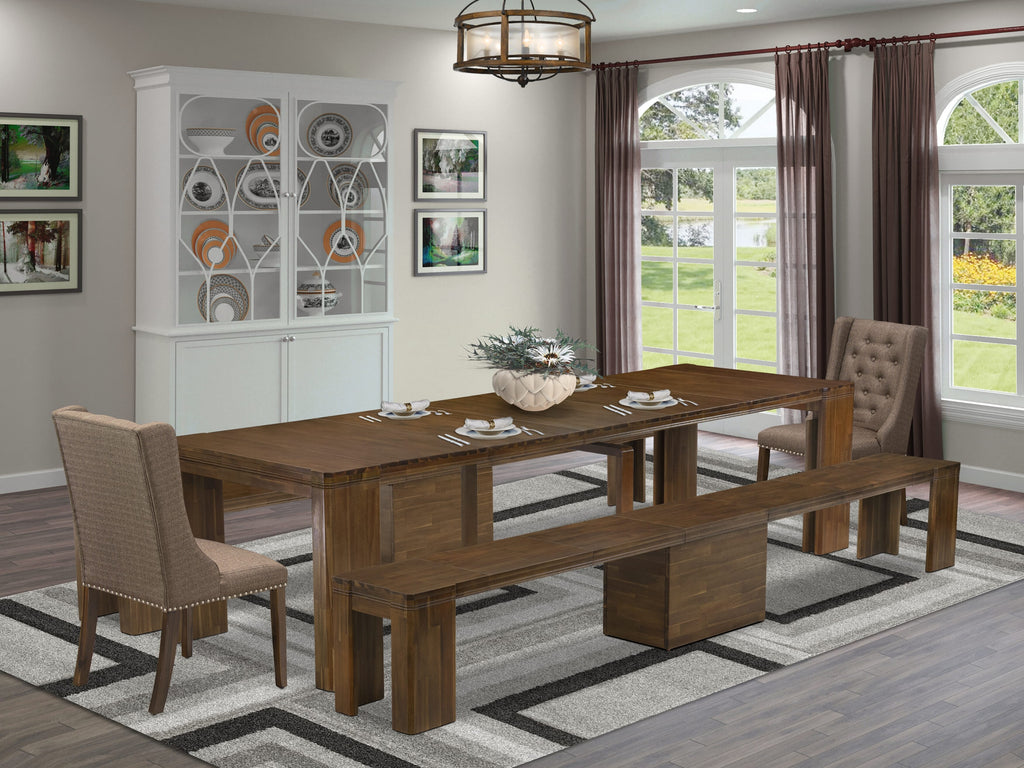 Luxe by East West Furniture X02FO-208-18 -5 Pieces Extendable Dining Set Includes a Rectangle Kitchen Table, 2 Dining Chairs and 2 Modern Benches, Antique Walnut