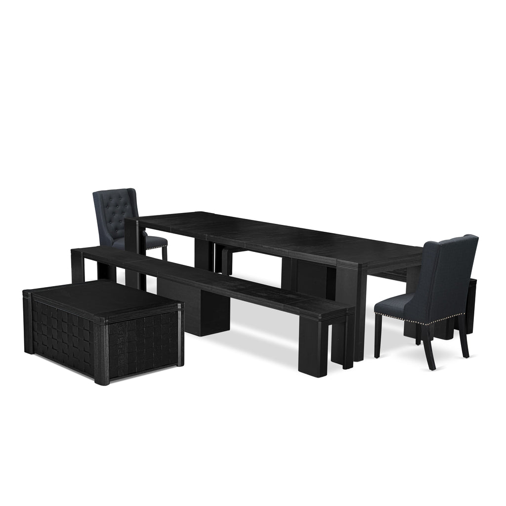 Luxe East West Furniture X02FO-2C6-24 5-piece Modern Dining Table Set a Rectangular Kitchen Table and 2 wooden Benches and 2 Black Linen Fabric Dining Chair, Wire Brushed Black Finish.