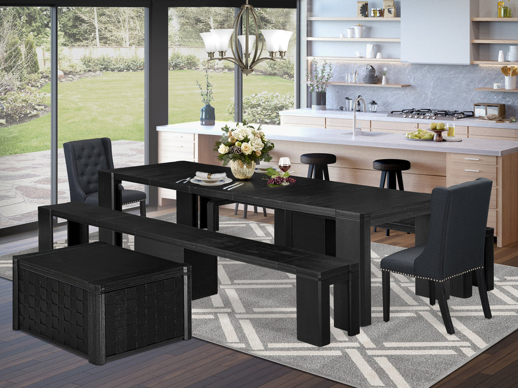 Luxe East West Furniture X02FO-2C6-24 5-piece Modern Dining Table Set a Rectangular Kitchen Table and 2 wooden Benches and 2 Black Linen Fabric Dining Chair, Wire Brushed Black Finish.