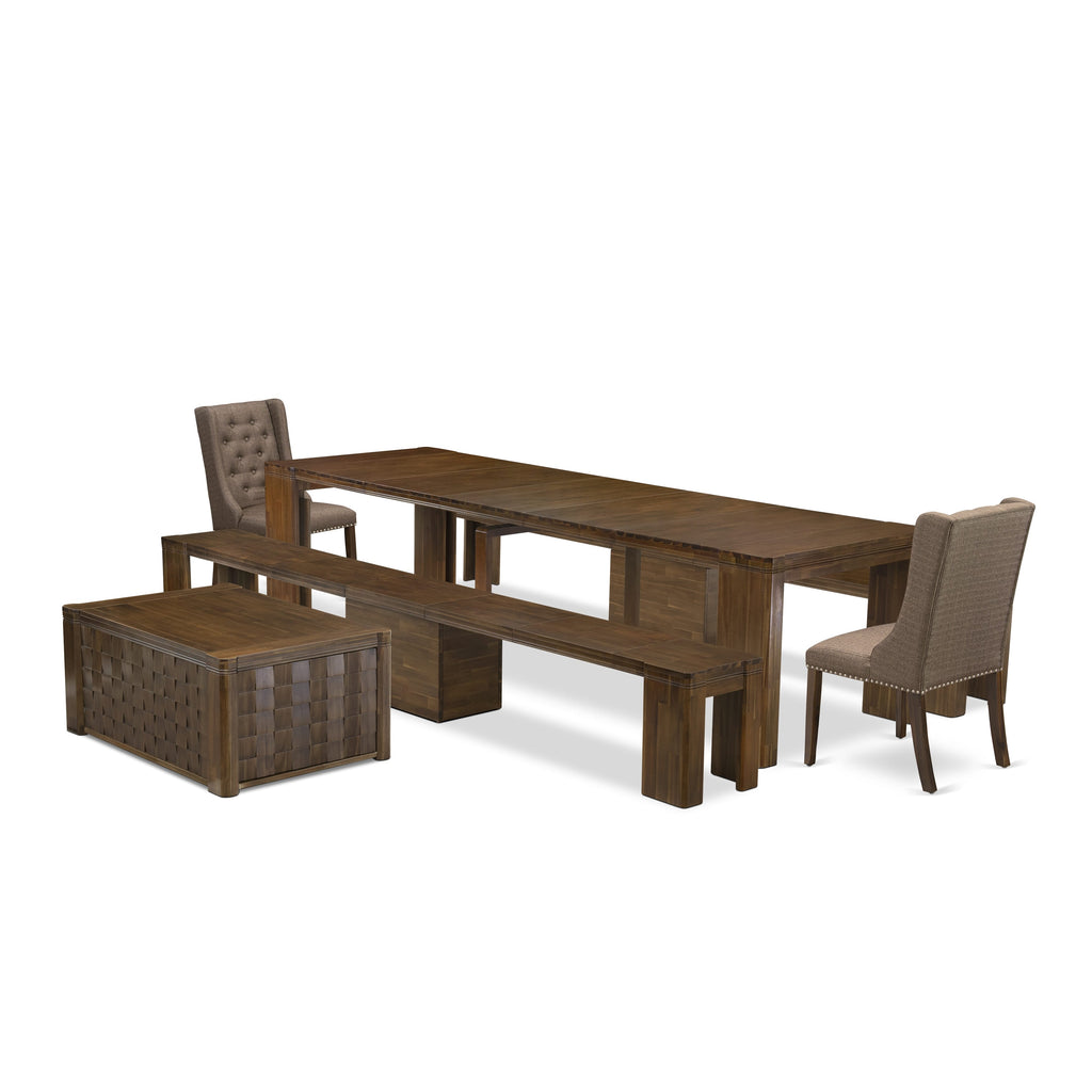 Luxe by East West Furniture X02FO-2C8-18 -6 Pieces Extendable Dining Set Includes a Rectangle Kitchen Table, 1 Coffee Table, 2 Dining Chairs and 2 Modern Benches, Antique Walnut