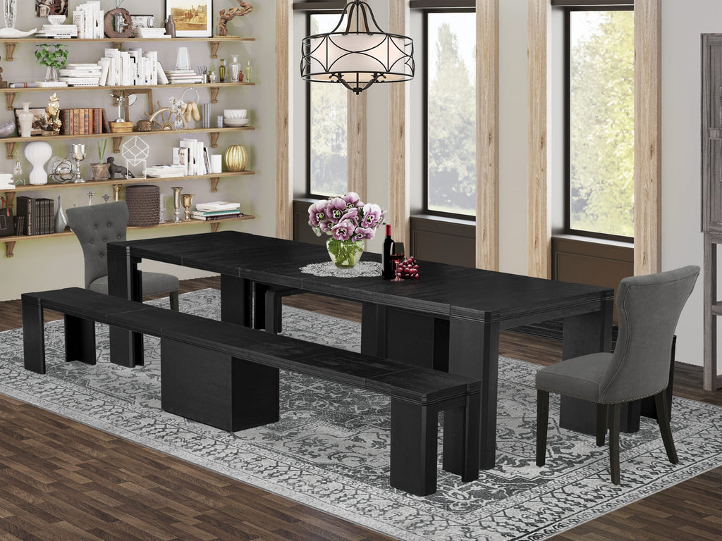 Luxe East West Furniture X02GA-206-50 5-piece Dining Room Table Set a Rectangular Dining Table and 2 wooden Benches and 2 Dark Gotham Grey Linen Fabric kitchen Chair, Wire Brushed Black Finish.