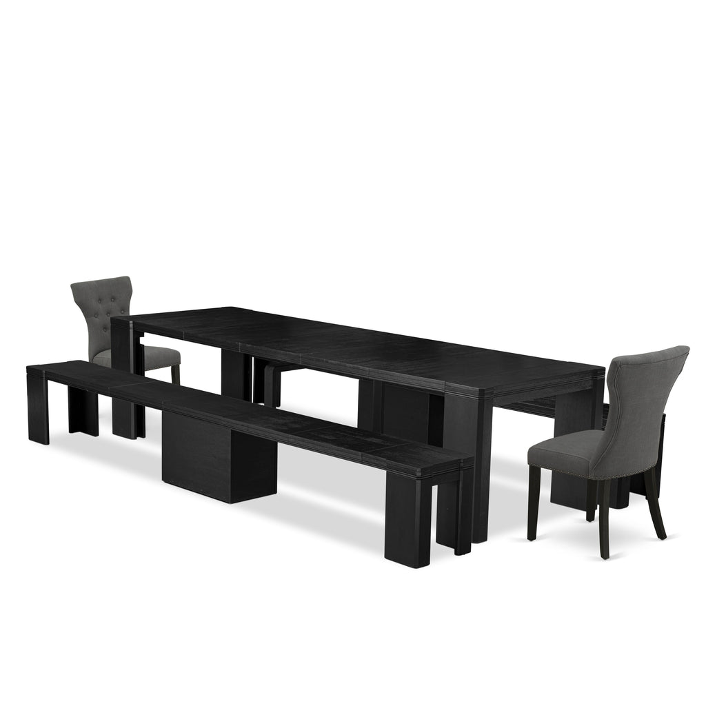 Luxe East West Furniture X02GA-206-50 5-piece Dining Room Table Set a Rectangular Dining Table and 2 wooden Benches and 2 Dark Gotham Grey Linen Fabric kitchen Chair, Wire Brushed Black Finish.