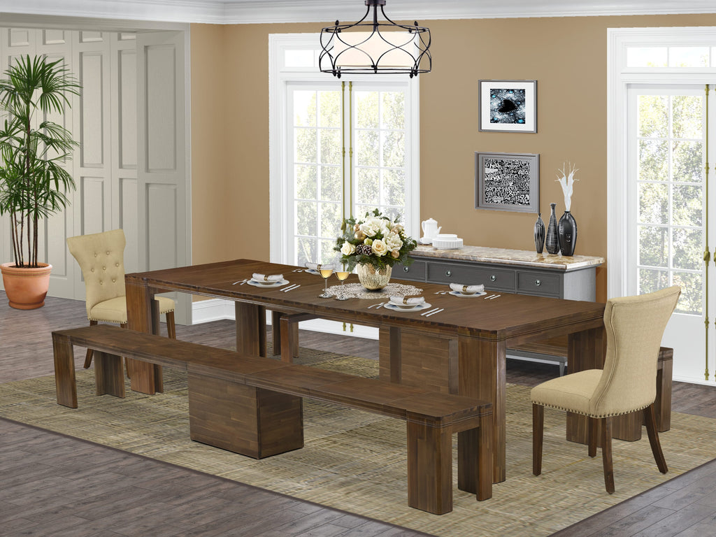 Luxe by East West Furniture X02GA-208-03 -5 Pieces Extendable Dining Set Includes a Rectangle Kitchen Table, 2 Dining Chairs and 2 Modern Benches, Antique Walnut