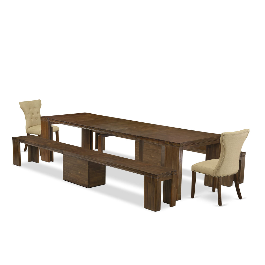 Luxe by East West Furniture X02GA-208-03 -5 Pieces Extendable Dining Set Includes a Rectangle Kitchen Table, 2 Dining Chairs and 2 Modern Benches, Antique Walnut