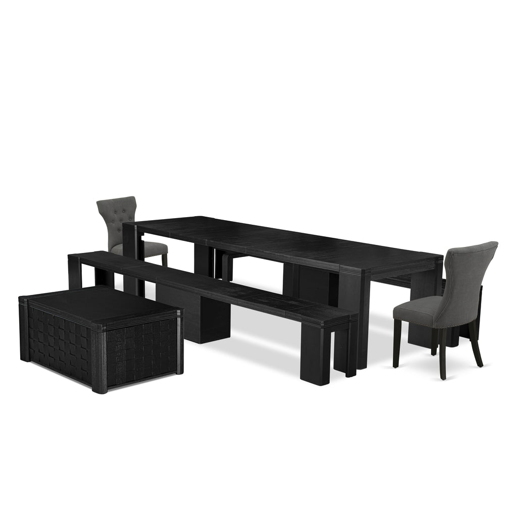 Luxe East West Furniture X02GA-2C6-50 6-piece Dining Room Table Set a Rectangular Kitchen Table with a coffee Table 2 wooden Benches and 2 Dark Gotham Grey Linen Fabric Dining Chair, Wire Brushed Black Finish.