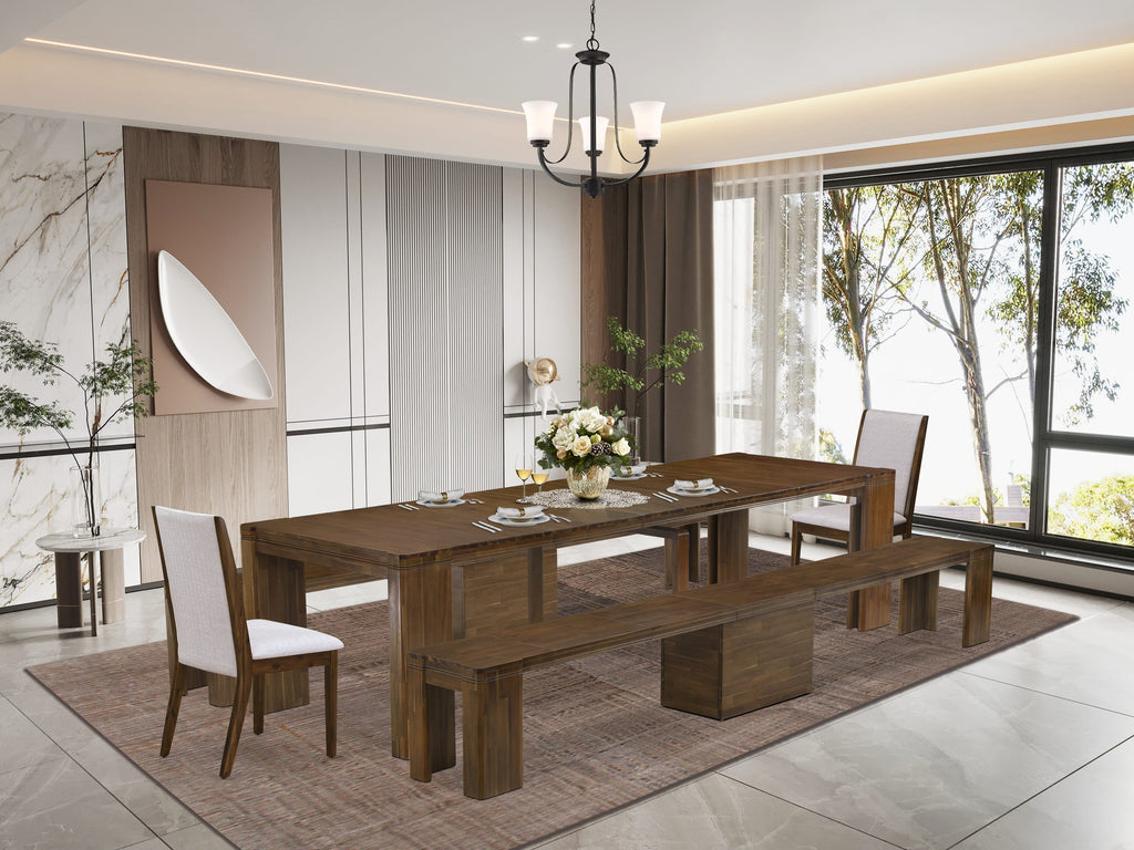 Luxe by East West Furniture X02LA-208-05 -5 Pieces Extendable Dining Set Includes a Rectangle Kitchen Table, 2 Dining Chairs and 2 Modern Benches, Antique Walnut