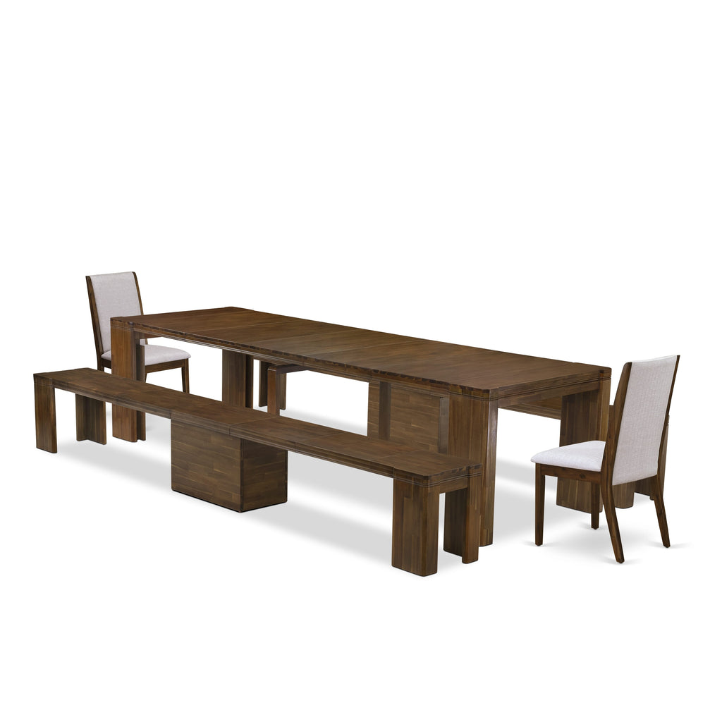 Luxe by East West Furniture X02LA-208-05 -5 Pieces Extendable Dining Set Includes a Rectangle Kitchen Table, 2 Dining Chairs and 2 Modern Benches, Antique Walnut