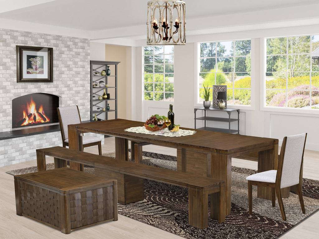 Luxe by East West Furniture X02LA-2C8-05 -6 Pieces Extendable Dining Set Includes a Rectangle Kitchen Table, 1 Coffee Table, 2 Dining Chairs and 2 Modern Benches, Antique Walnut