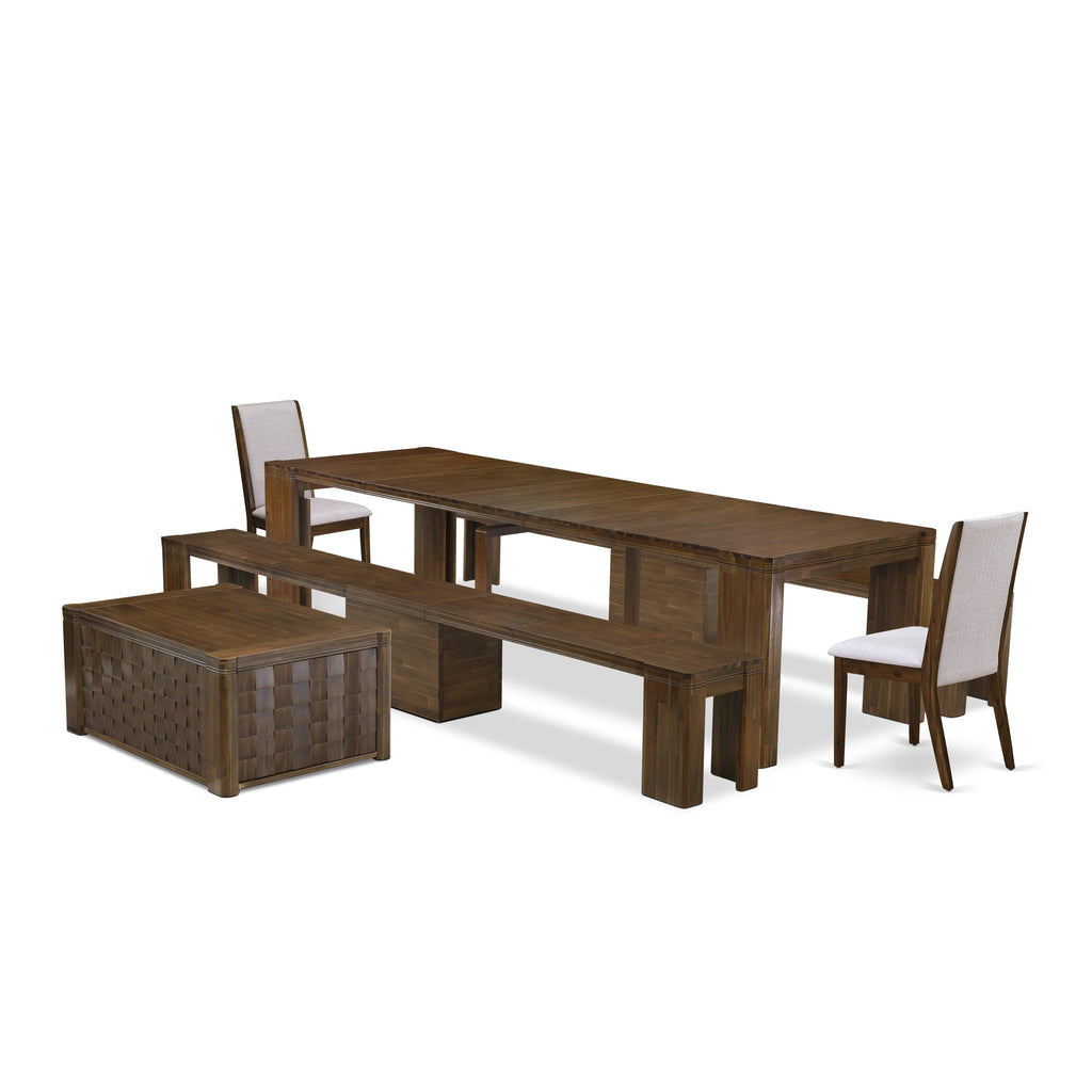 Luxe by East West Furniture X02LA-2C8-05 -6 Pieces Extendable Dining Set Includes a Rectangle Kitchen Table, 1 Coffee Table, 2 Dining Chairs and 2 Modern Benches, Antique Walnut