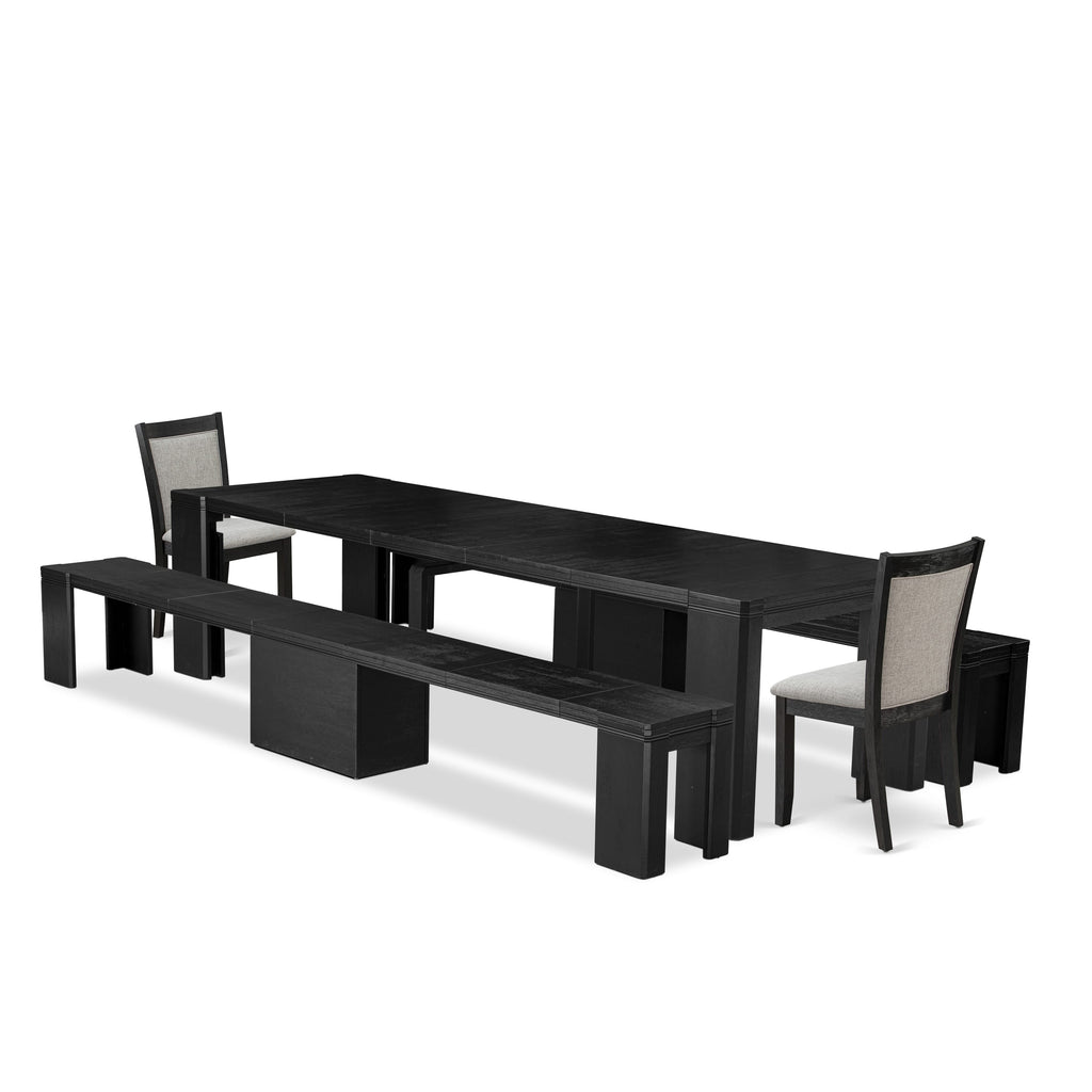 Luxe East West Furniture X02MZ-206-06 5-piece Dining Room Table Set a Rectangular Kitchen Table and 2 wooden Benches and 2 Shitake Linen Fabric Dining Chair, Wire Brushed Black Finish.