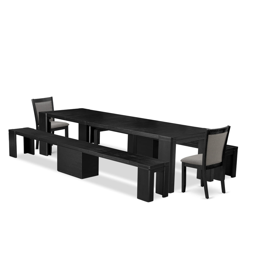 Luxe East West Furniture X02MZ-206-50 5-piece Dining Room Table Set a Rectangular Kitchen Table and 2 wooden Benches and 2 Dark Gotham Grey Linen Fabric Dining Chair, Wire Brushed Black Finish.