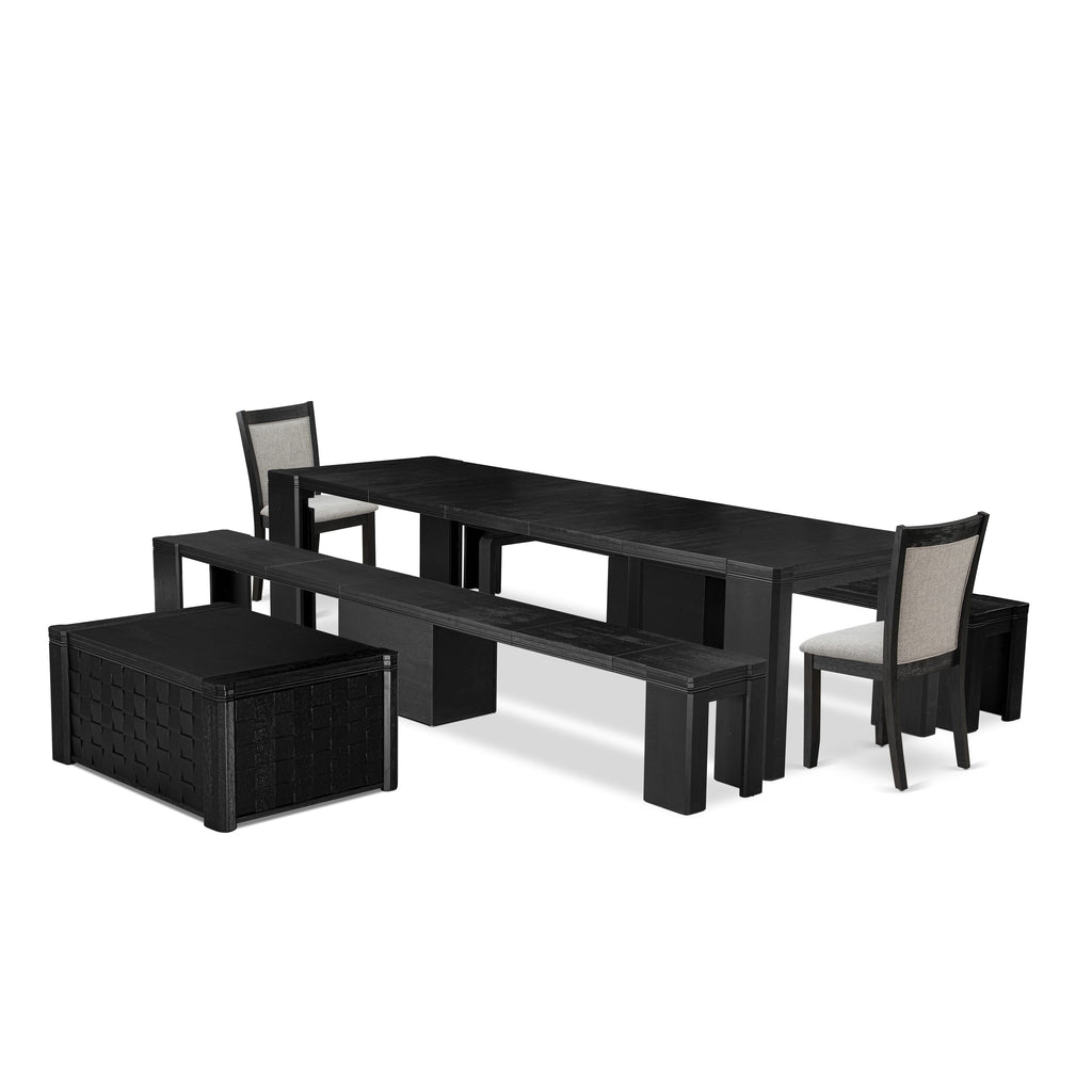 Luxe East West Furniture X02MZ-2C6-06 7-piece Dining Room Table Set a Rectangular Kitchen Table with a dining coffee table and 2 wooden Benches and 2 Shitake Linen Fabric Dining Chair, Wire Brushed Black Finish.