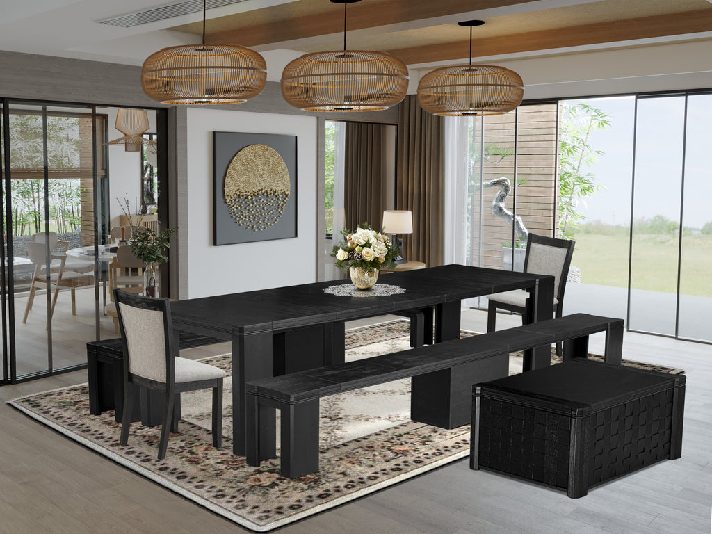 Luxe East West Furniture X02MZ-2C6-06 7-piece Dining Room Table Set a Rectangular Kitchen Table with a dining coffee table and 2 wooden Benches and 2 Shitake Linen Fabric Dining Chair, Wire Brushed Black Finish.