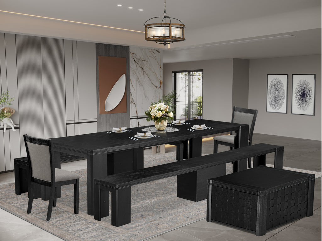 Luxe East West Furniture X02MZ-2C6-50 6-piece Dining Room Table Set a Rectangular Kitchen Table with a coffee Table and 2 wooden Benches and 2 Dark Gotham Grey Linen Fabric Dining Chair, Wire Brushed Black Finish.