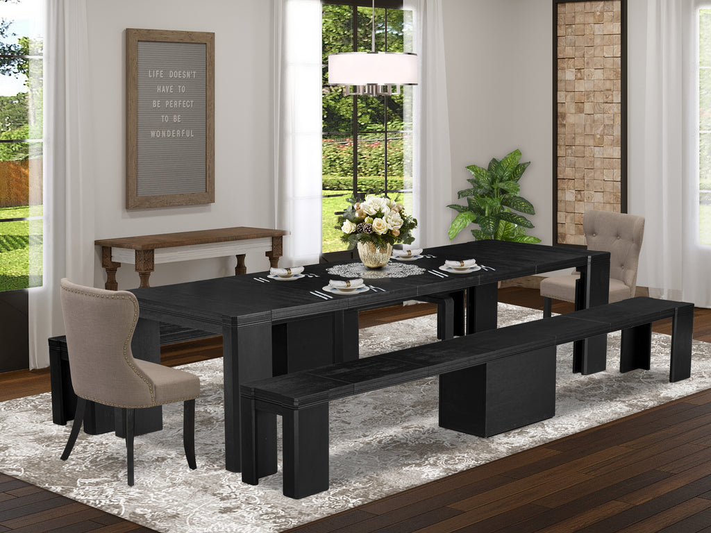 Luxe East West Furniture X02SI-206-48 5-piece Modern Dining Room Table Set a Rectangular Kitchen Table and 2 wooden Benches and 2 coffee Linen Fabric Dining Chair, Wire Brushed Black Finish.