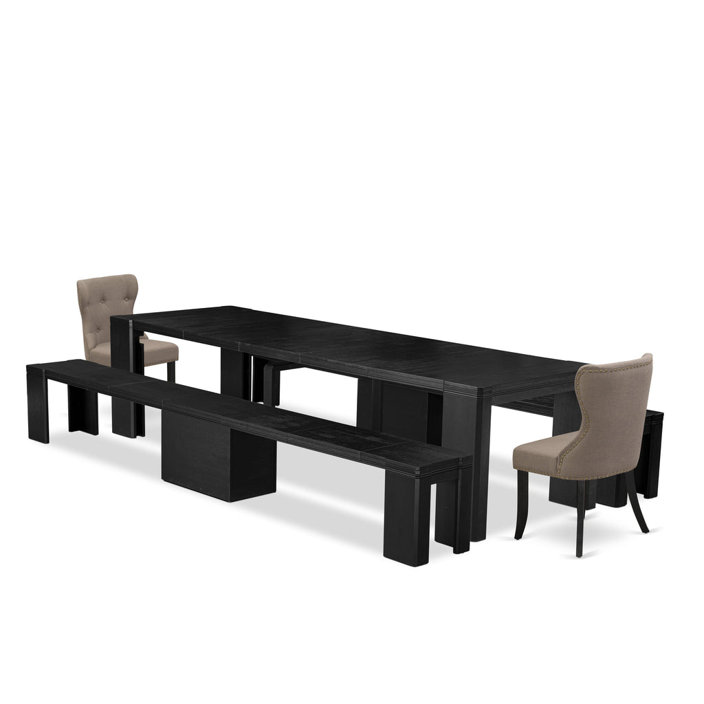 Luxe East West Furniture X02SI-206-48 5-piece Modern Dining Room Table Set a Rectangular Kitchen Table and 2 wooden Benches and 2 coffee Linen Fabric Dining Chair, Wire Brushed Black Finish.