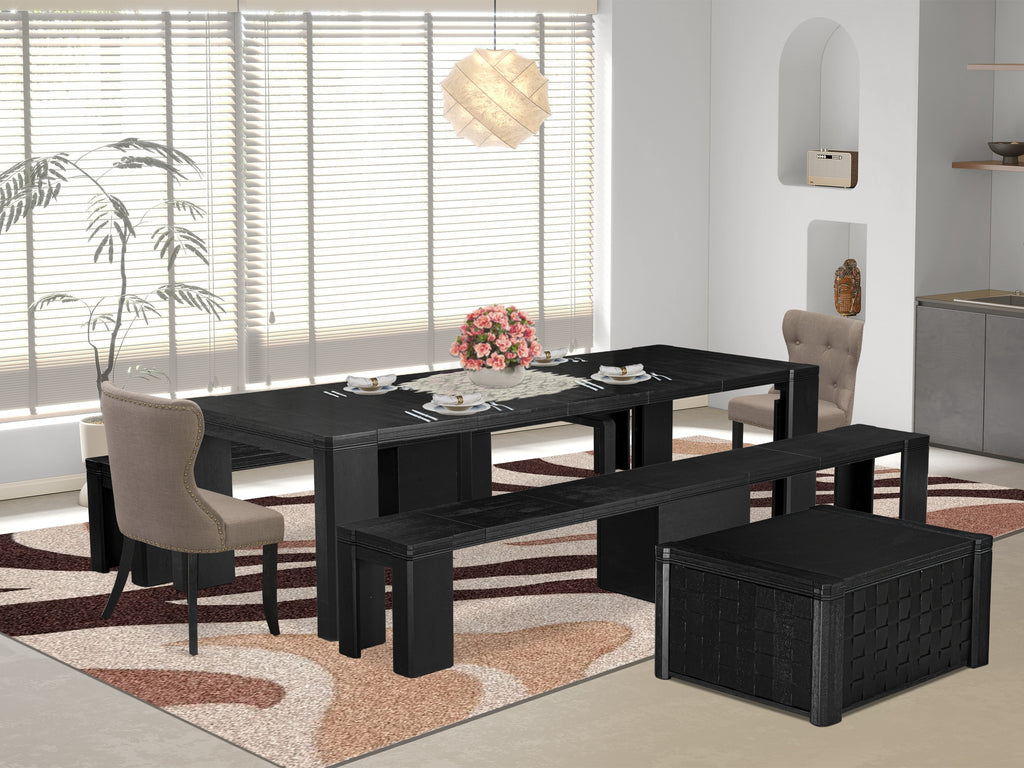 Luxe East West Furniture X02SI-2C6-48 6-piece Dining Room Table Set a Rectangular Dining Table with a coffee Table and 2 wooden Benches, 2 coffee Linen Fabric kitchen Chair, Wire Brushed Black Finish.