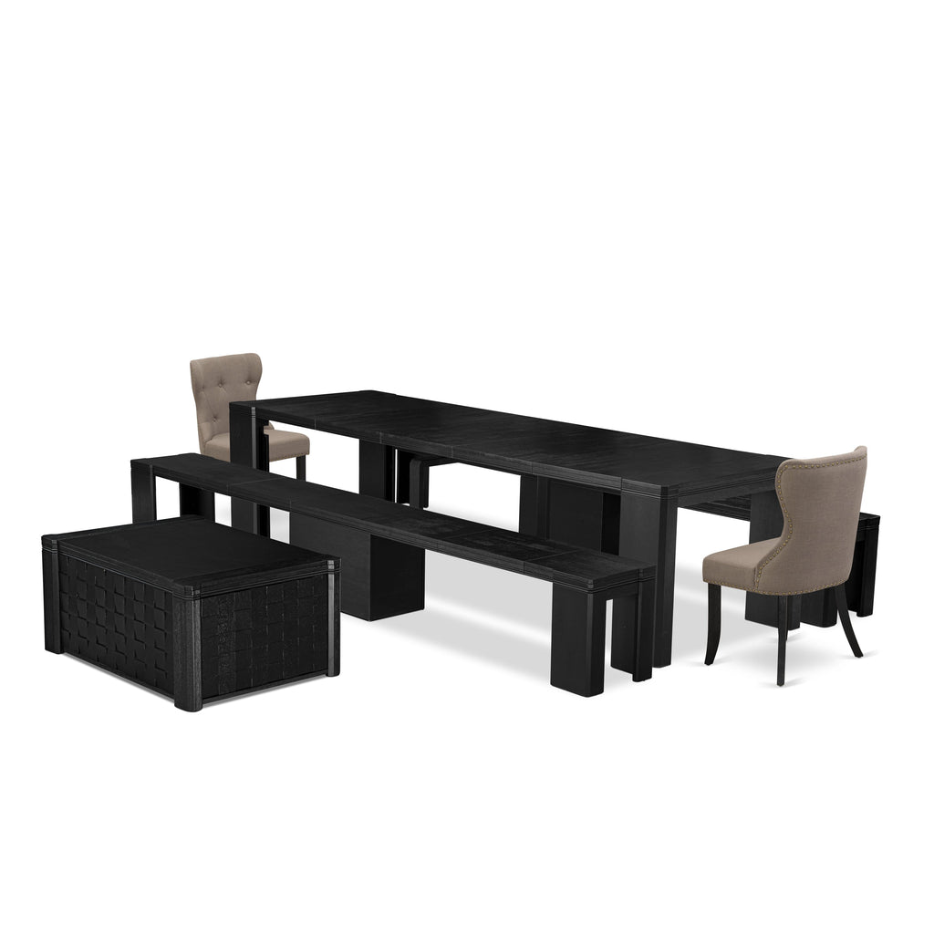 Luxe East West Furniture X02SI-2C6-48 6-piece Dining Room Table Set a Rectangular Dining Table with a coffee Table and 2 wooden Benches, 2 coffee Linen Fabric kitchen Chair, Wire Brushed Black Finish.