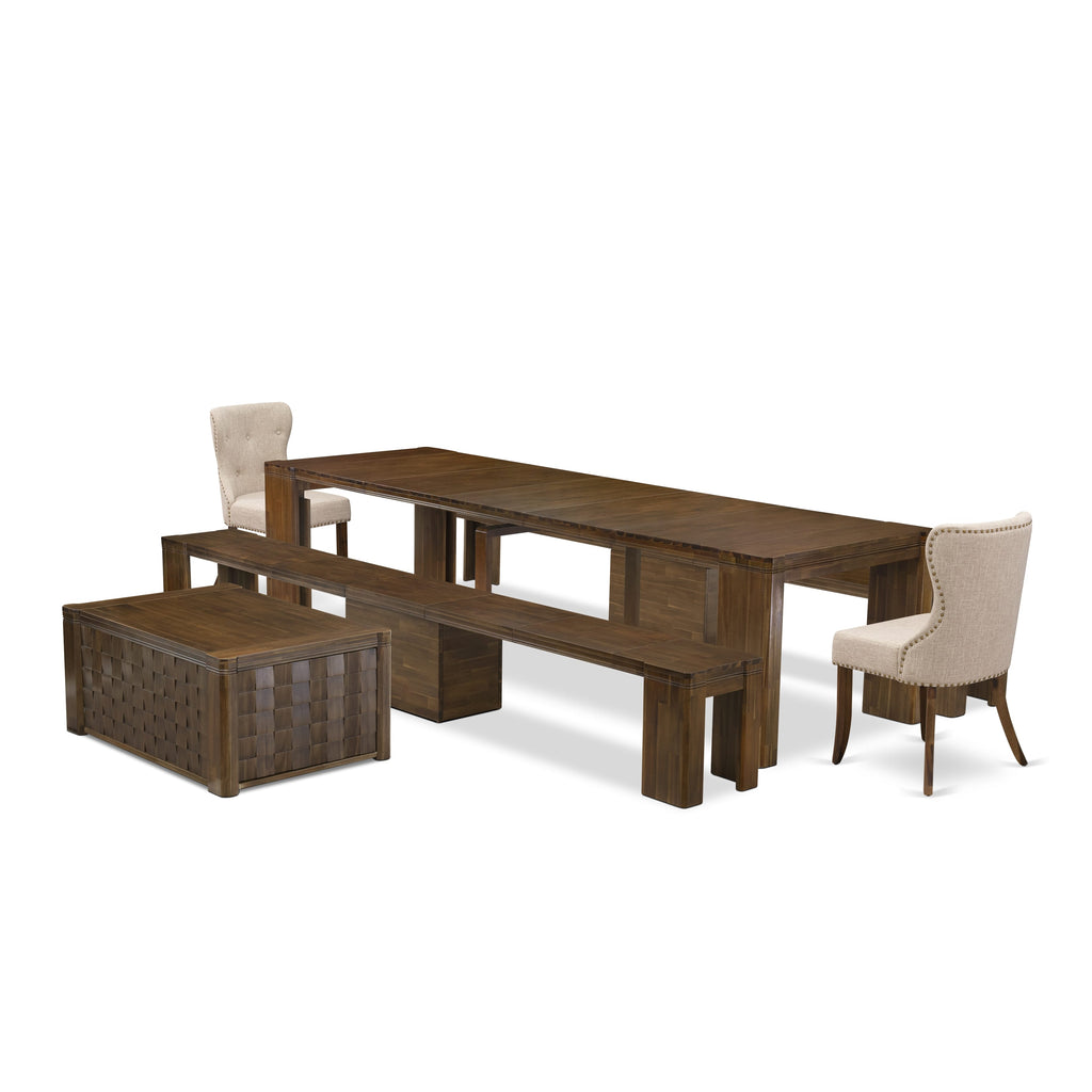 Luxe by East West Furniture X02SI-2C8-04 -6 Pieces Extendable Dining Set Includes a Rectangle Kitchen Table, 1 Coffee Table, 2 Dining Chairs and 2 Modern Benches, Antique Walnut