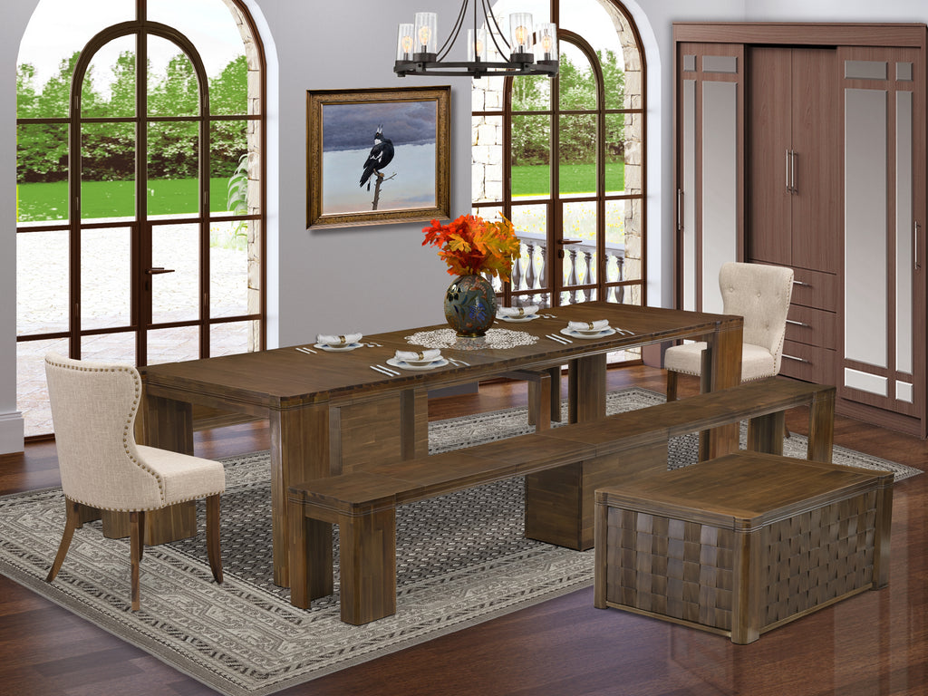 Luxe by East West Furniture X02SI-2C8-04 -6 Pieces Extendable Dining Set Includes a Rectangle Kitchen Table, 1 Coffee Table, 2 Dining Chairs and 2 Modern Benches, Antique Walnut