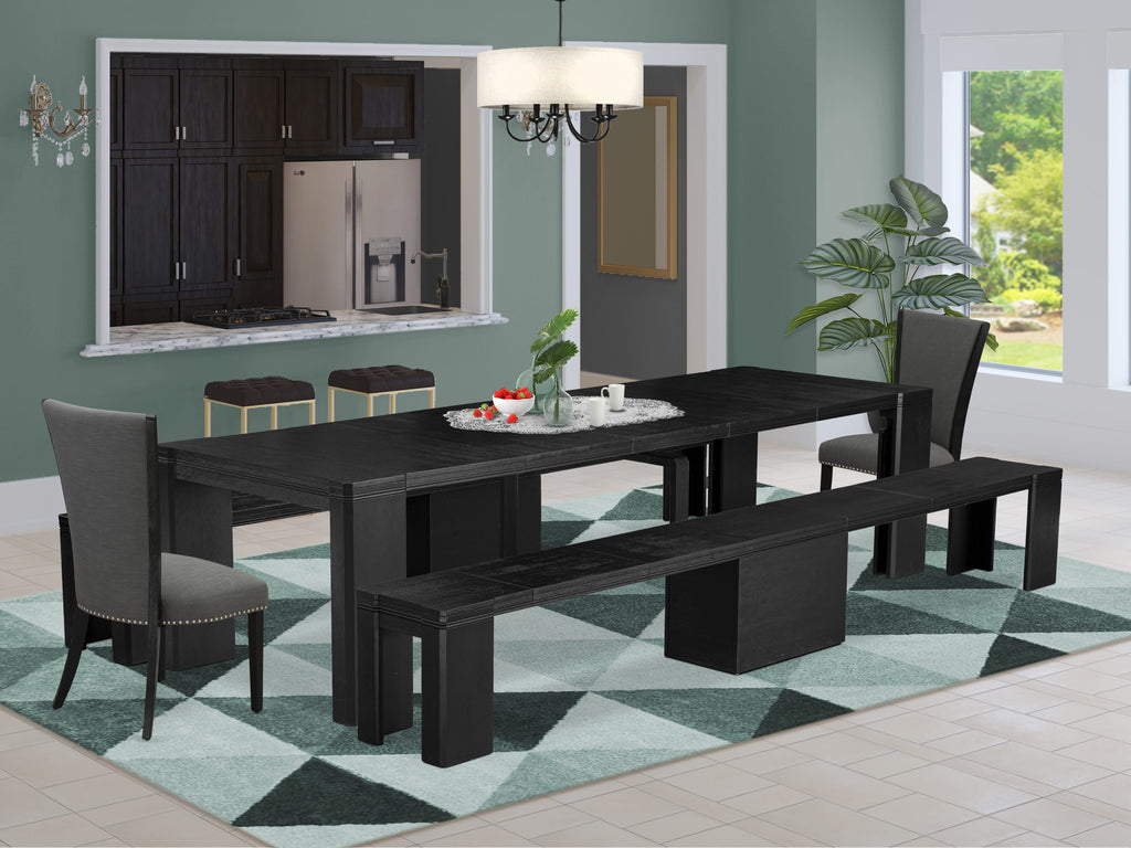 Luxe East West Furniture X02VE-206-50 5-piece Dining Room Table Set a Rectangular Dining Table and 2 wooden Benches and 2 Dark Gotham Grey Linen Fabric Dining Chair, Wire Brushed Black Finish.