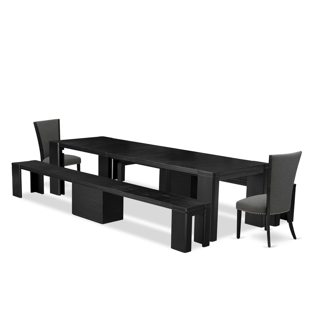 Luxe East West Furniture X02VE-206-50 5-piece Dining Room Table Set a Rectangular Dining Table and 2 wooden Benches and 2 Dark Gotham Grey Linen Fabric Dining Chair, Wire Brushed Black Finish.