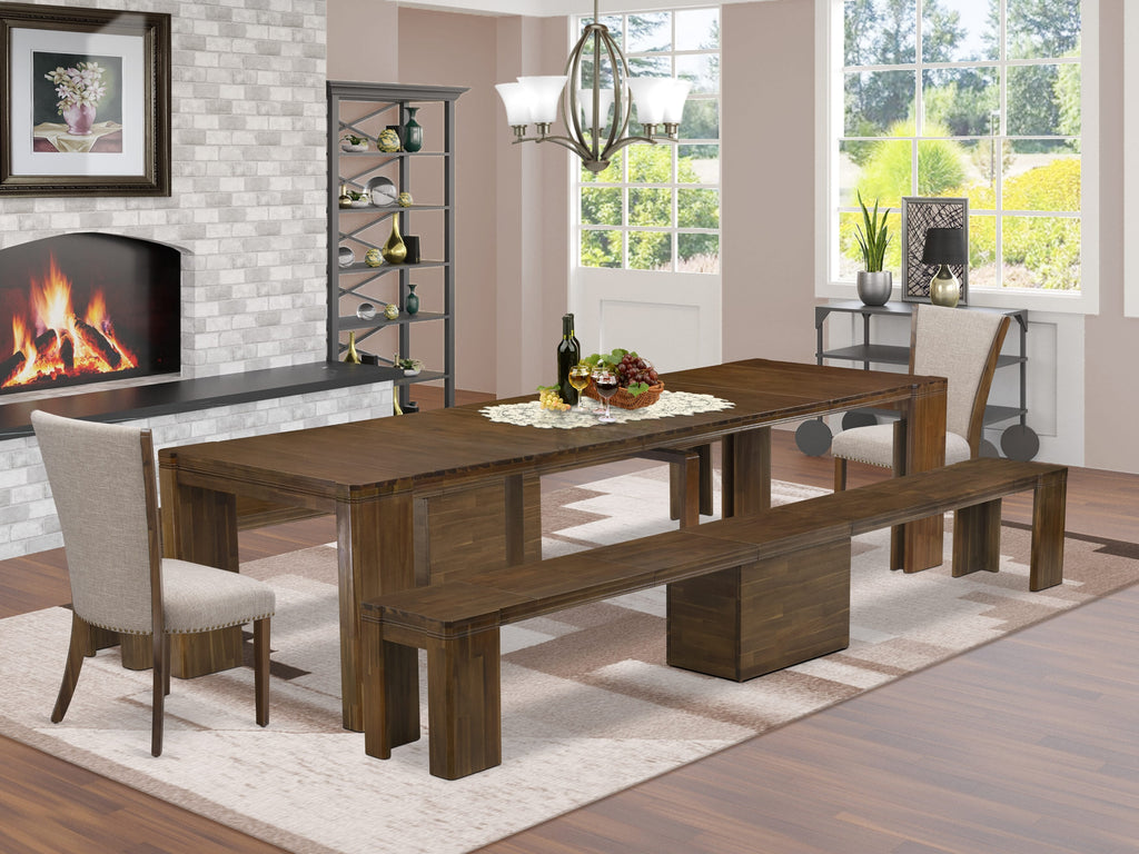 Luxe by East West Furniture X02VE-208-04 -5 Pieces Extendable Dining Set Includes a Rectangle Kitchen Table, 2 Dining Chairs and 2 Modern Benches, Antique Walnut