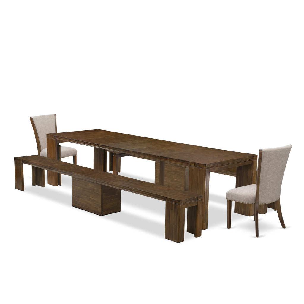 Luxe by East West Furniture X02VE-208-04 -5 Pieces Extendable Dining Set Includes a Rectangle Kitchen Table, 2 Dining Chairs and 2 Modern Benches, Antique Walnut