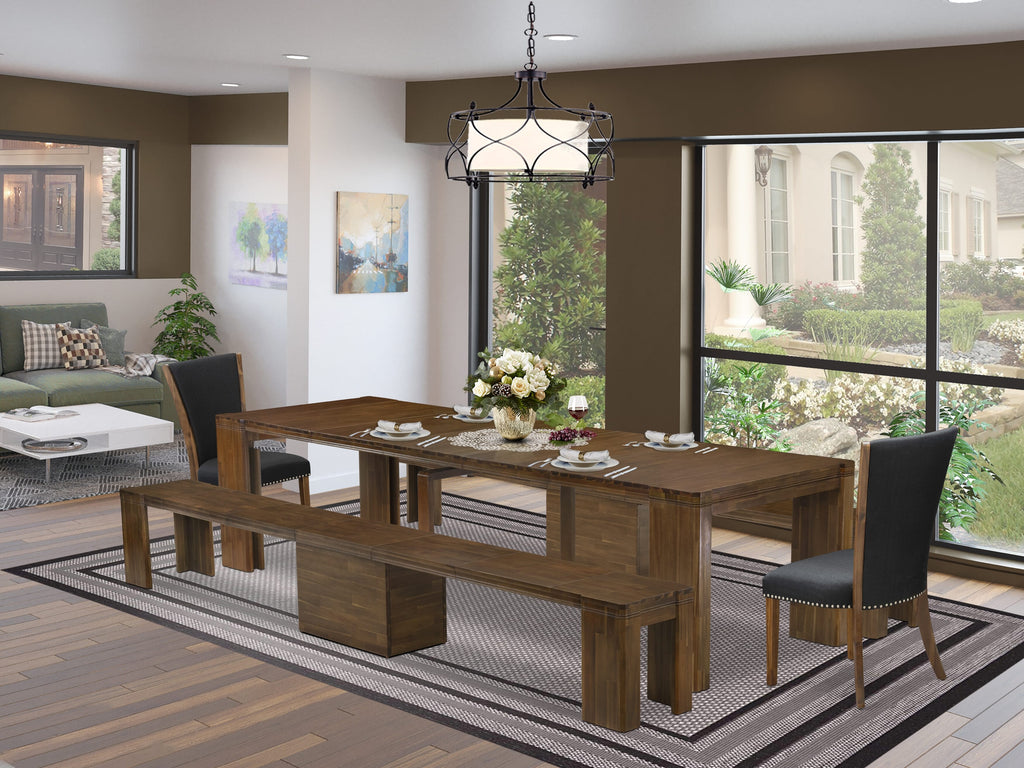 Luxe by East West Furniture X02VE-208-24 -5 Pieces Extendable Dining Set Includes a Rectangle Kitchen Table, 2 Dining Chairs and 2 Modern Benches, Antique Walnut