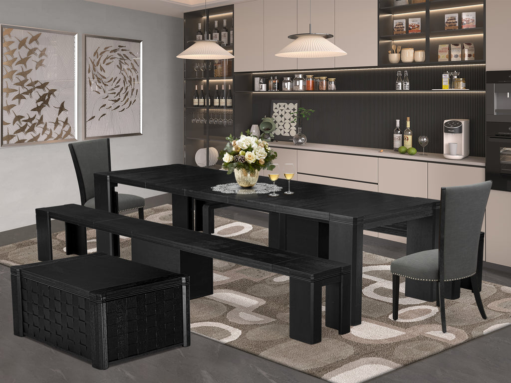 Luxe East West Furniture X02VE-2C6-50 6-piece Dining Room Table Set a Rectangular Kitchen Table with a coffee Table and 2 wooden Benches and 2 Dark Gotham Grey Linen Fabric kitchen Chair, Wire Brushed Black Finish.