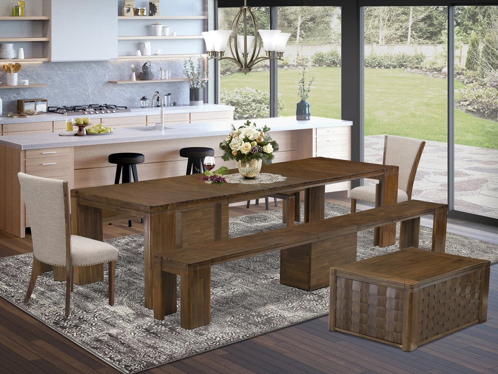 Luxe by East West Furniture X02VE-2C8-04 -6 Pieces Extendable Dining Set Includes a Rectangle Kitchen Table, 1 Coffee Table, 2 Dining Chairs and 2 Modern Benches, Antique Walnut