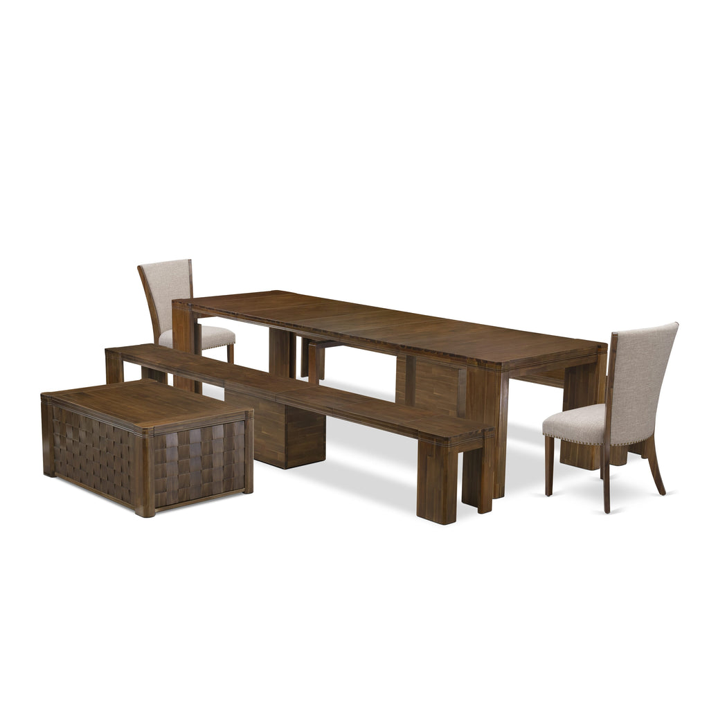 Luxe by East West Furniture X02VE-2C8-04 -6 Pieces Extendable Dining Set Includes a Rectangle Kitchen Table, 1 Coffee Table, 2 Dining Chairs and 2 Modern Benches, Antique Walnut