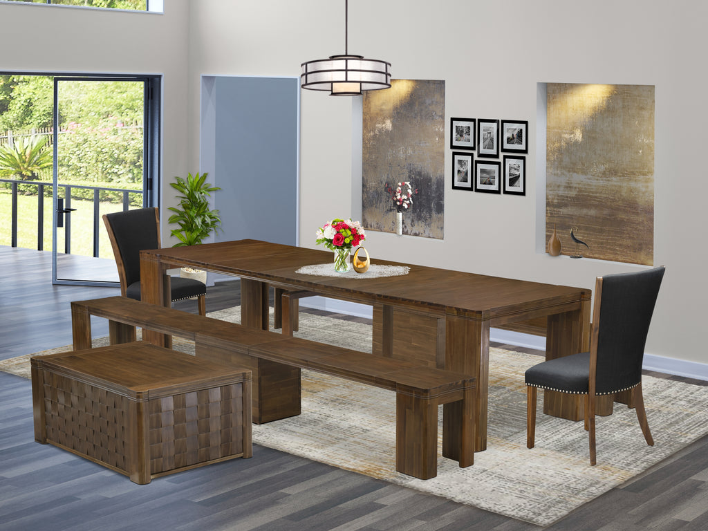 Luxe by East West Furniture X02VE-2C8-24 -6 Pieces Extendable Dining Set Includes a Rectangle Kitchen Table, 1 Coffee Table, 2 Dining Chairs and 2 Modern Benches, Antique Walnut