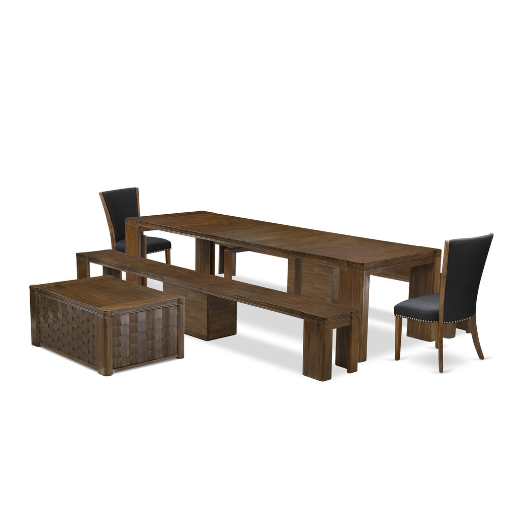 Luxe by East West Furniture X02VE-2C8-24 -6 Pieces Extendable Dining Set Includes a Rectangle Kitchen Table, 1 Coffee Table, 2 Dining Chairs and 2 Modern Benches, Antique Walnut